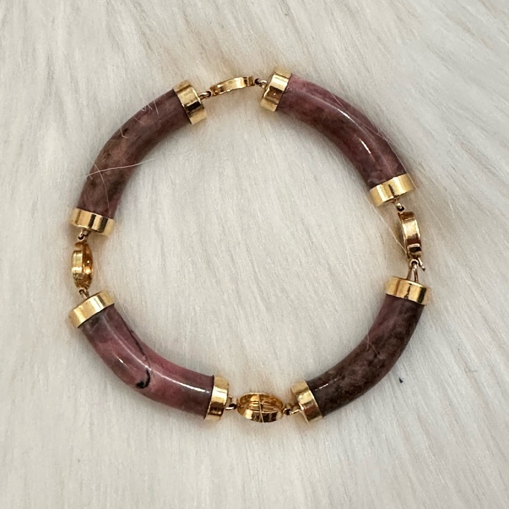 6 for $25 - Gold Plated Semi Precious Rhodonite Bracelet w/ Chinese Characters